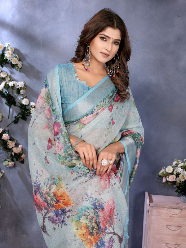 Aqua Blue Floral Shimmer Linen Cotton Saree for Women