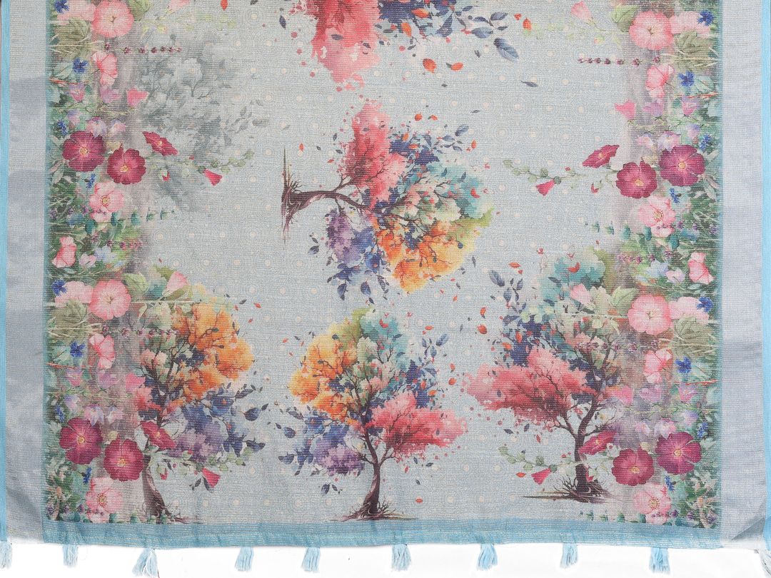 Aqua Blue Floral Shimmer Linen Cotton Saree for Women