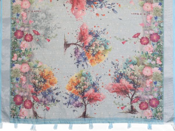 Aqua Blue Floral Shimmer Linen Cotton Saree for Women