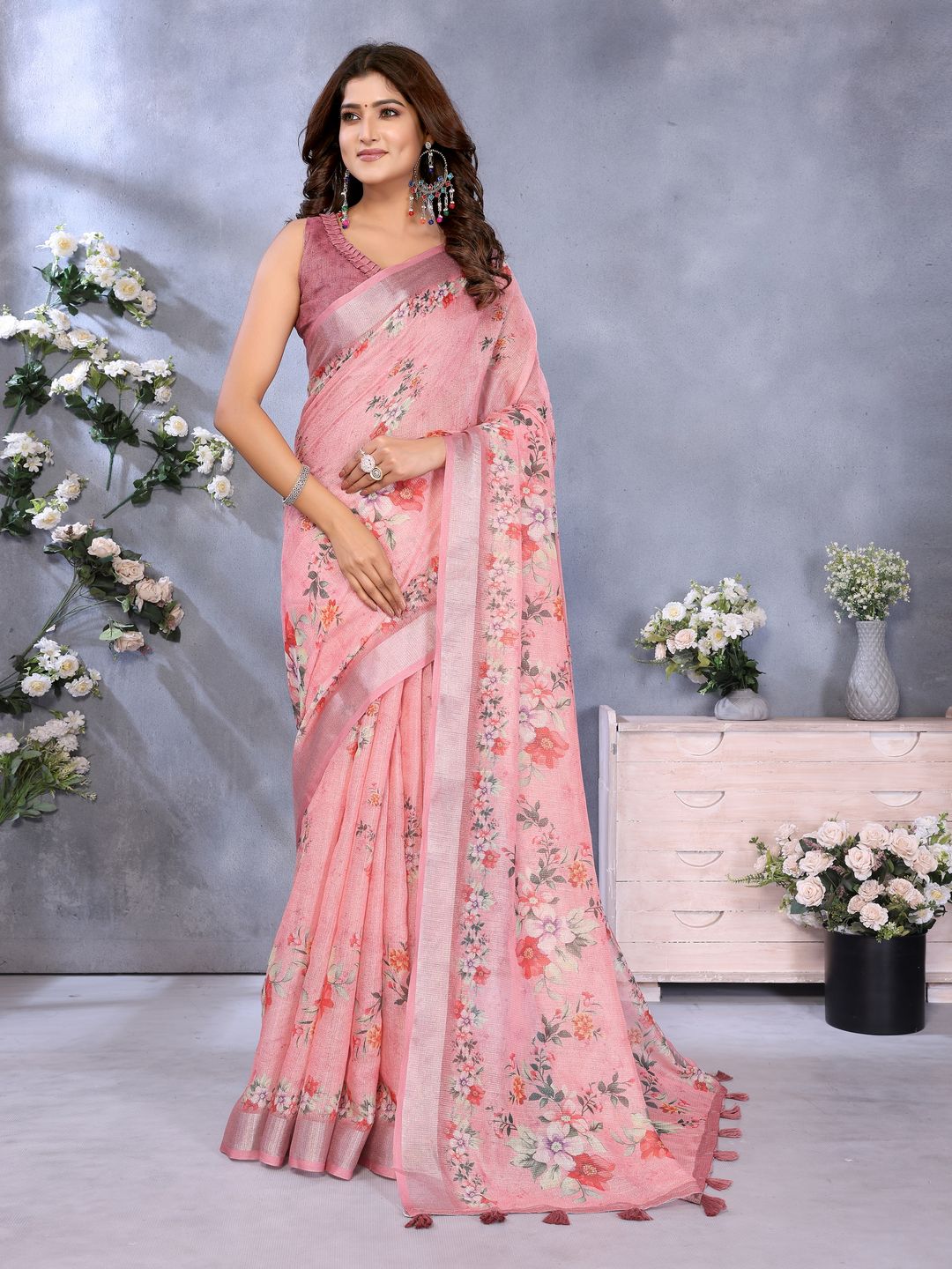 Pink Floral Shimmer Linen Cotton Saree with Printed Tassels