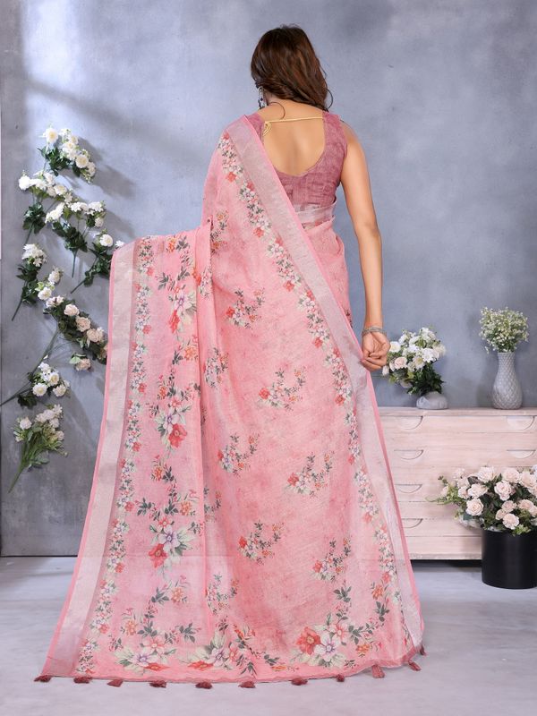 Pink Floral Shimmer Linen Cotton Saree with Printed Tassels