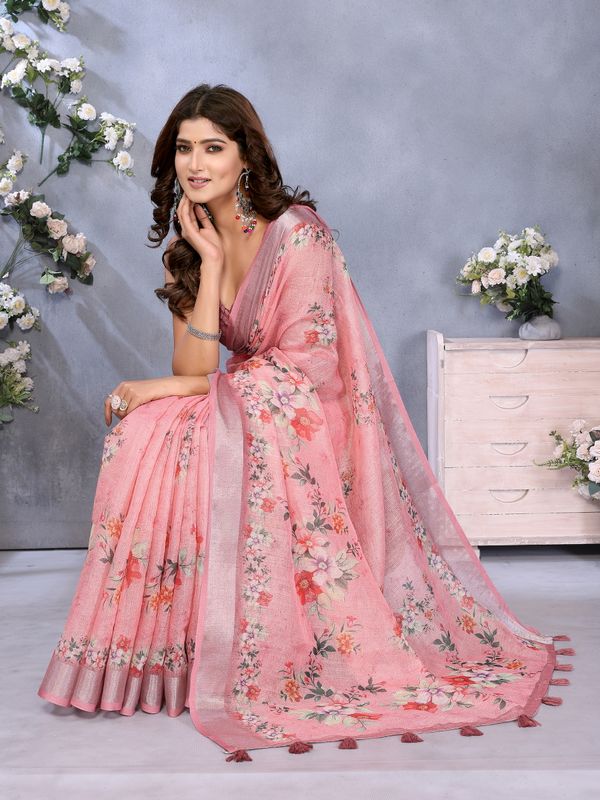 Pink Floral Shimmer Linen Cotton Saree with Printed Tassels