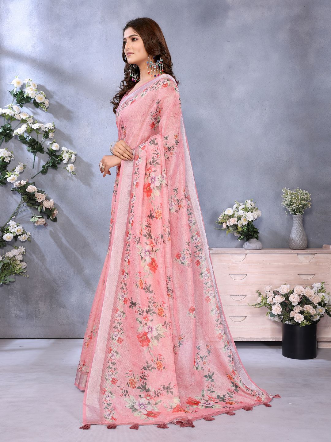 Pink Floral Shimmer Linen Cotton Saree with Printed Tassels