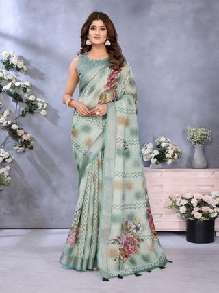 Mint Green Floral Print Shimmer Linen Cotton Saree
