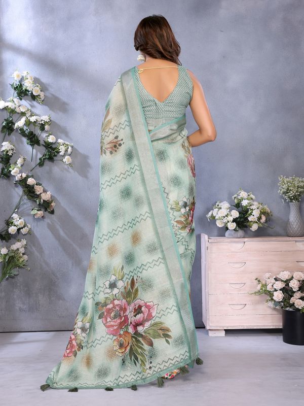 Mint Green Floral Print Shimmer Linen Cotton Saree