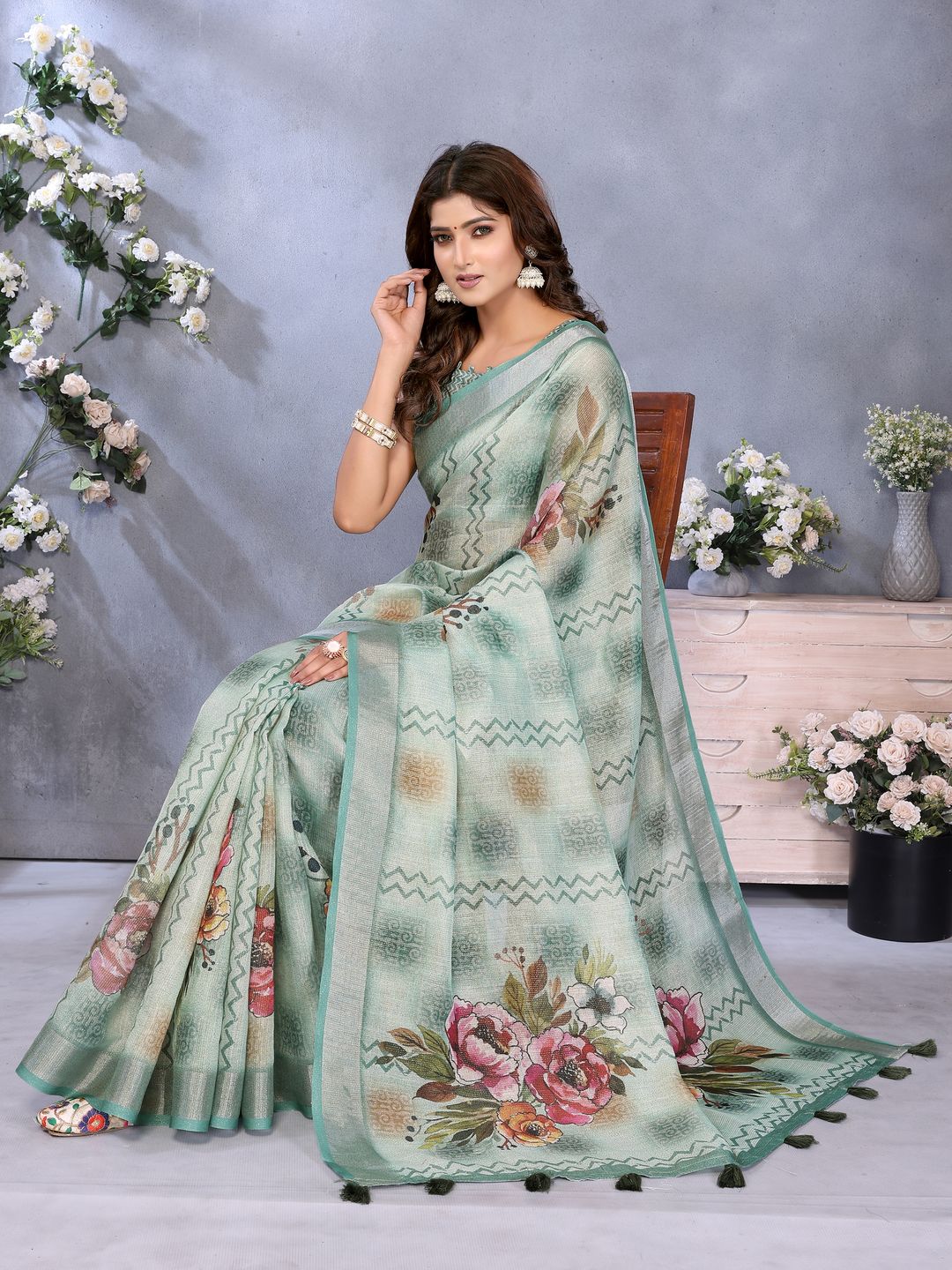 Mint Green Floral Print Shimmer Linen Cotton Saree
