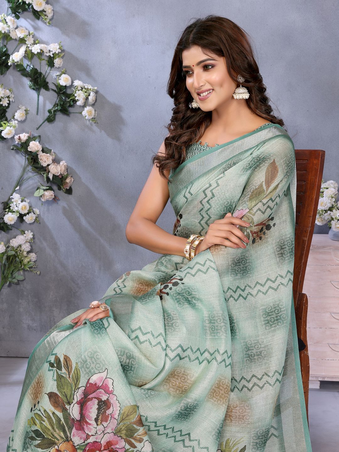 Mint Green Floral Print Shimmer Linen Cotton Saree