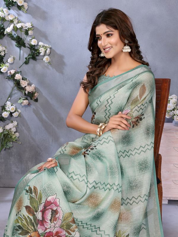 Mint Green Floral Print Shimmer Linen Cotton Saree