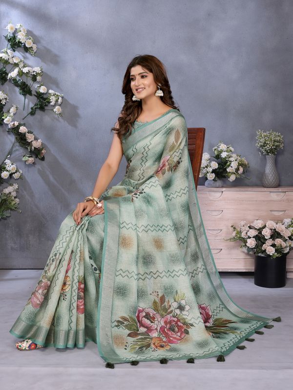 Mint Green Floral Print Shimmer Linen Cotton Saree