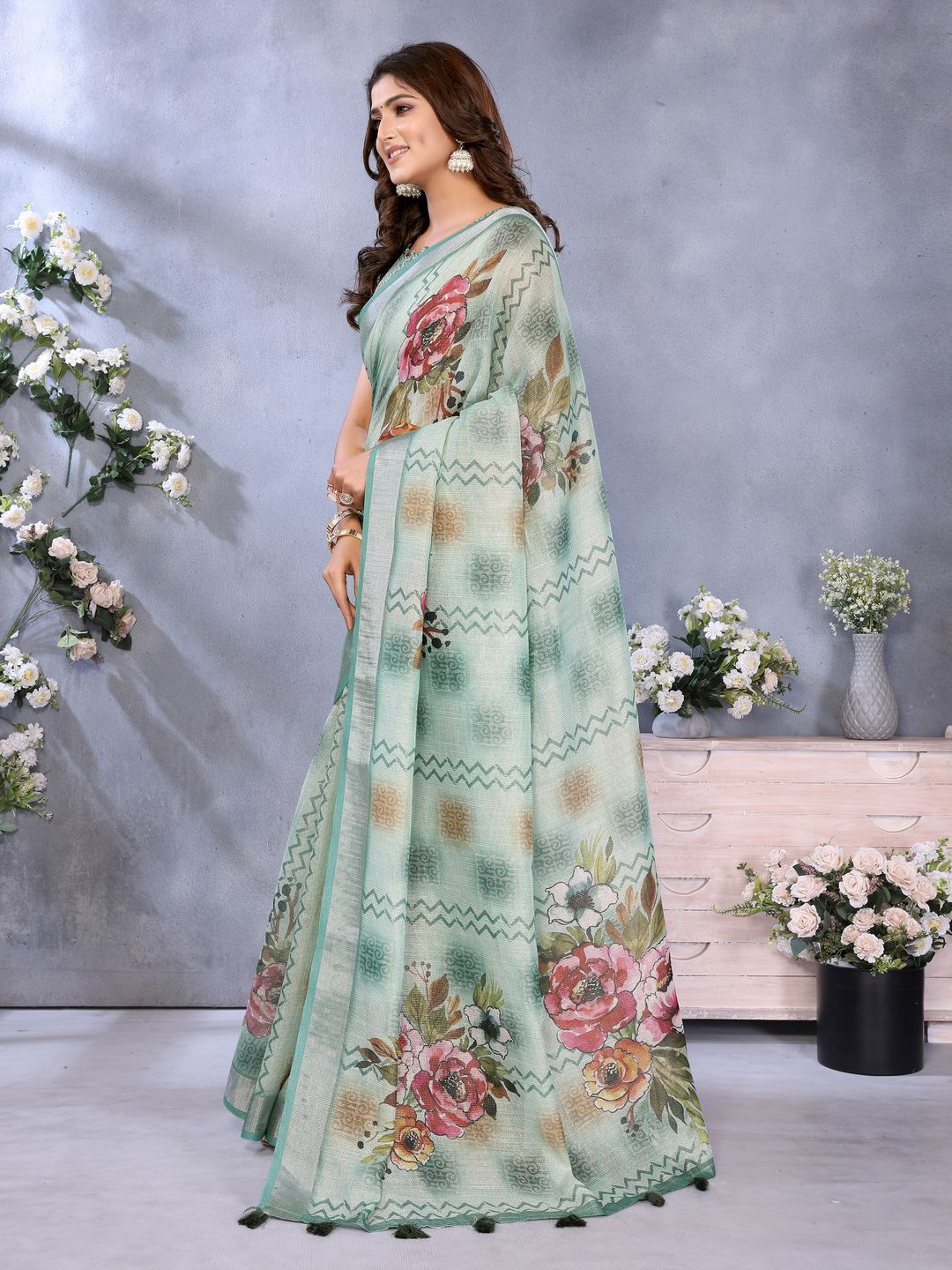 Mint Green Floral Print Shimmer Linen Cotton Saree