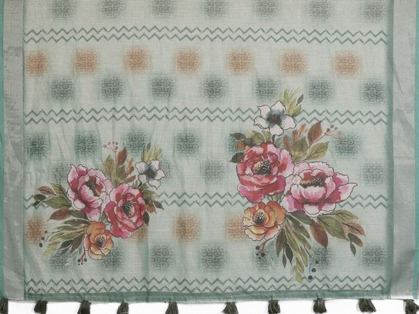 Mint Green Floral Print Shimmer Linen Cotton Saree