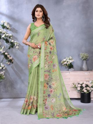 Pastel Green Floral Print Shimmer Linen Cotton Saree