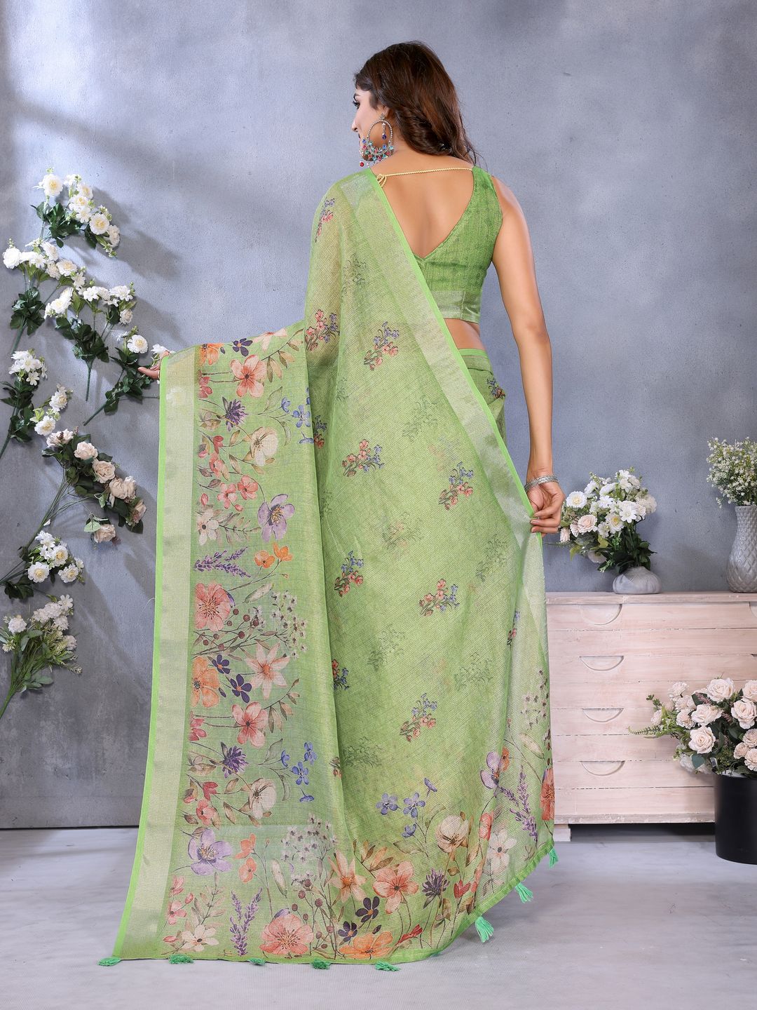 Pastel Green Floral Print Shimmer Linen Cotton Saree