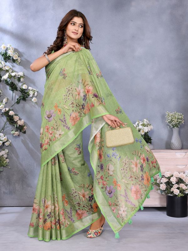 Pastel Green Floral Print Shimmer Linen Cotton Saree