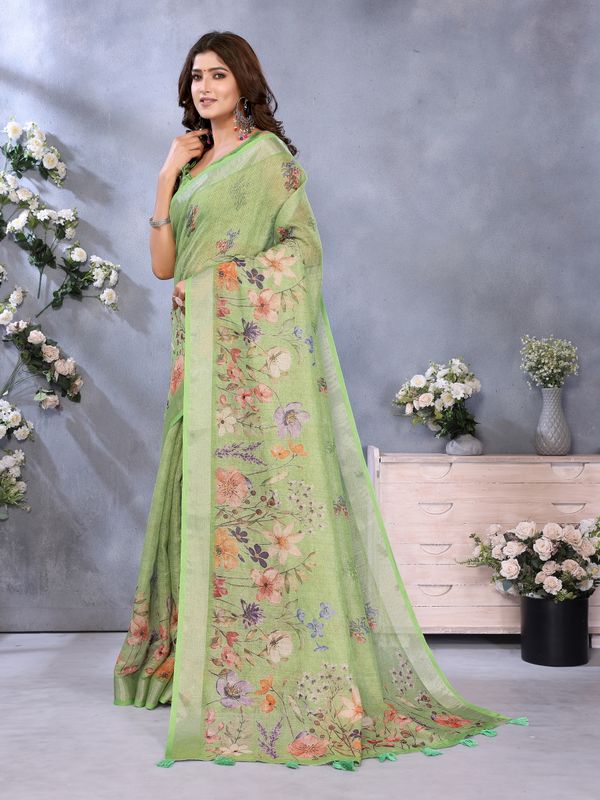 Pastel Green Floral Print Shimmer Linen Cotton Saree