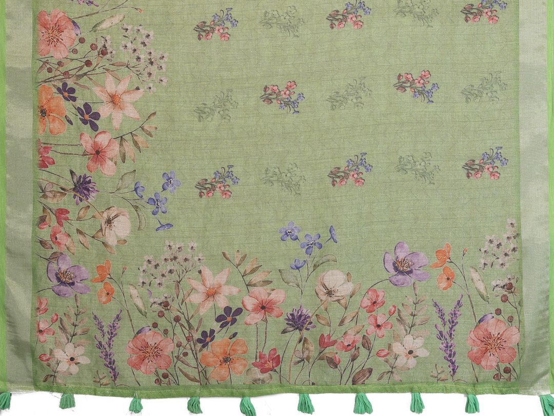 Pastel Green Floral Print Shimmer Linen Cotton Saree