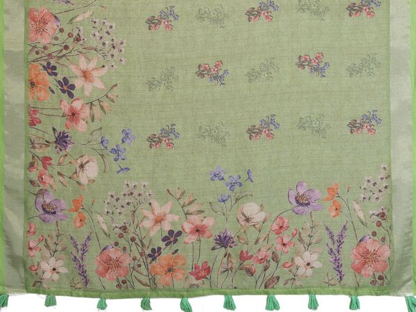 Pastel Green Floral Print Shimmer Linen Cotton Saree