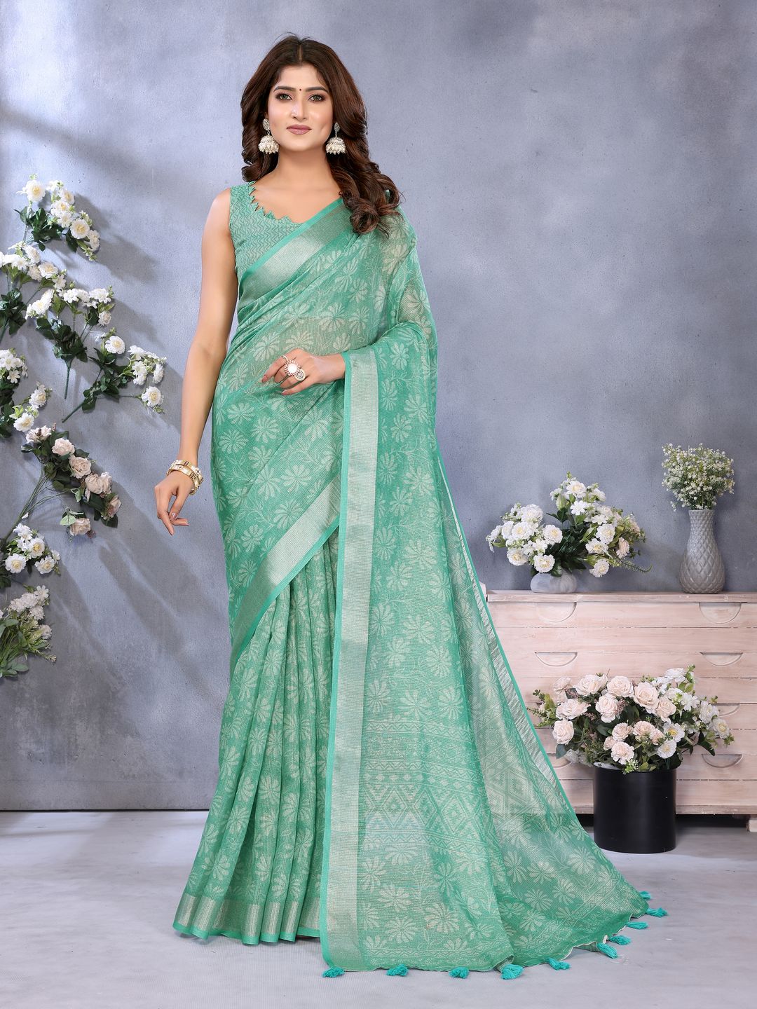 Buy Mint Green Floral Shimmer Linen Cotton Saree