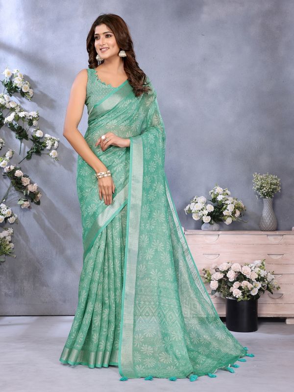 Buy Mint Green Floral Shimmer Linen Cotton Saree