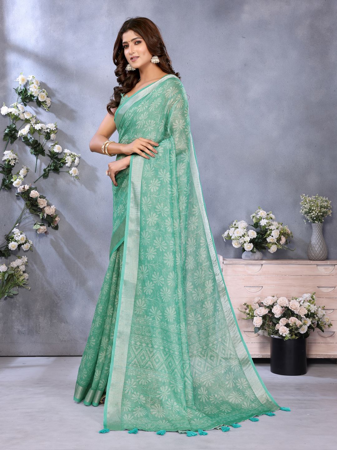 Buy Mint Green Floral Shimmer Linen Cotton Saree