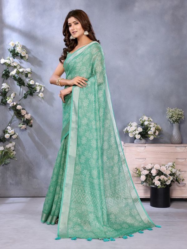 Buy Mint Green Floral Shimmer Linen Cotton Saree