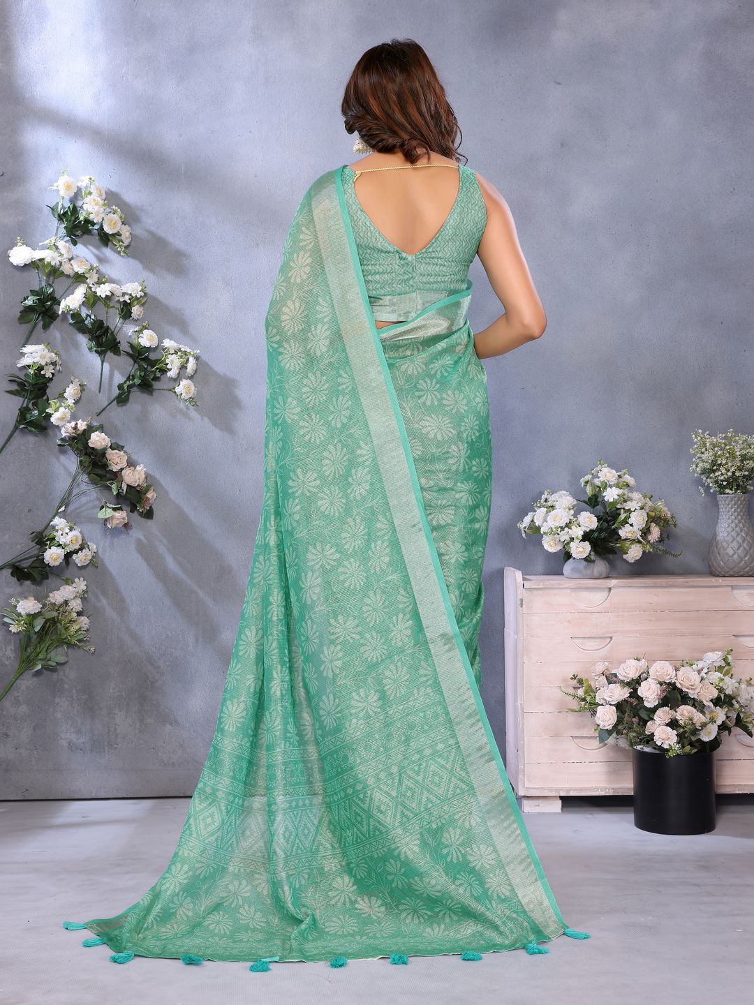 Buy Mint Green Floral Shimmer Linen Cotton Saree