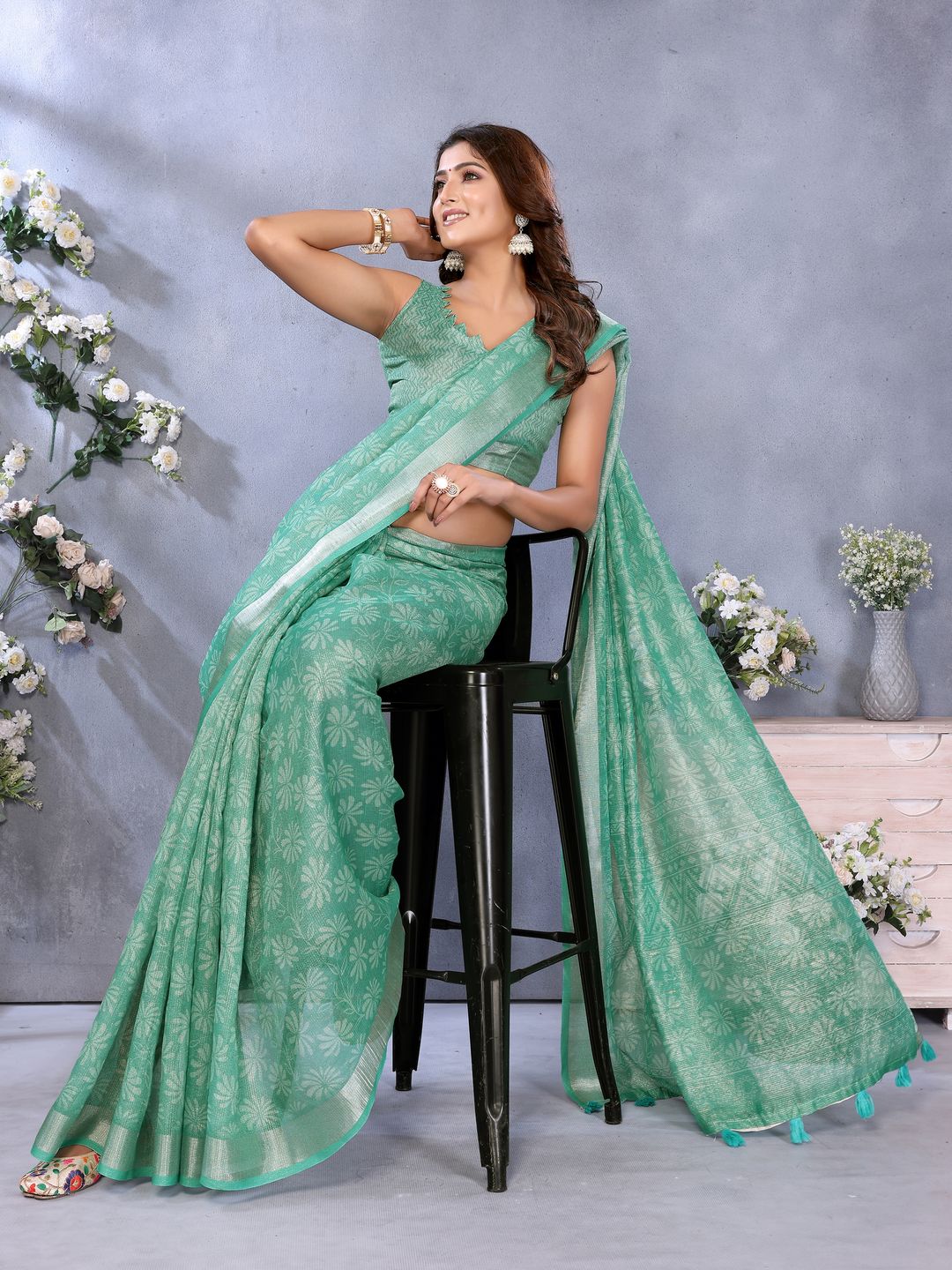 Buy Mint Green Floral Shimmer Linen Cotton Saree