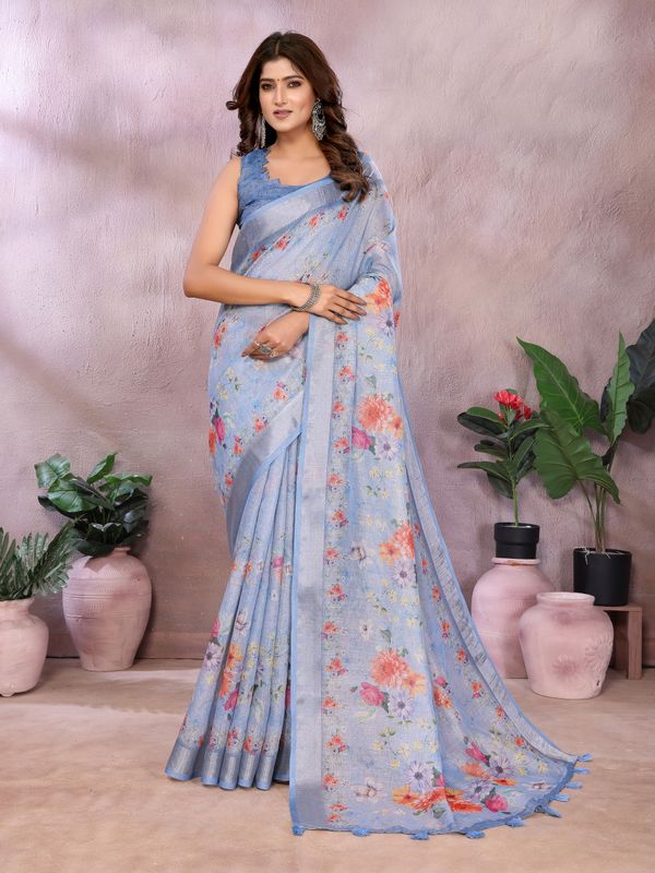 Powder Blue Floral Shimmer Linen Cotton Saree with Tassels