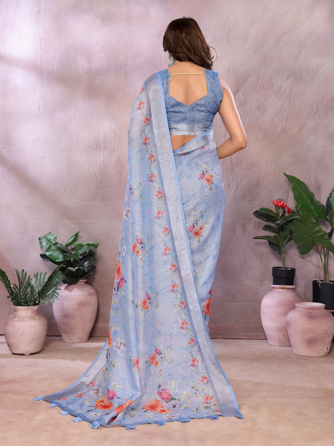 Powder Blue Floral Shimmer Linen Cotton Saree with Tassels