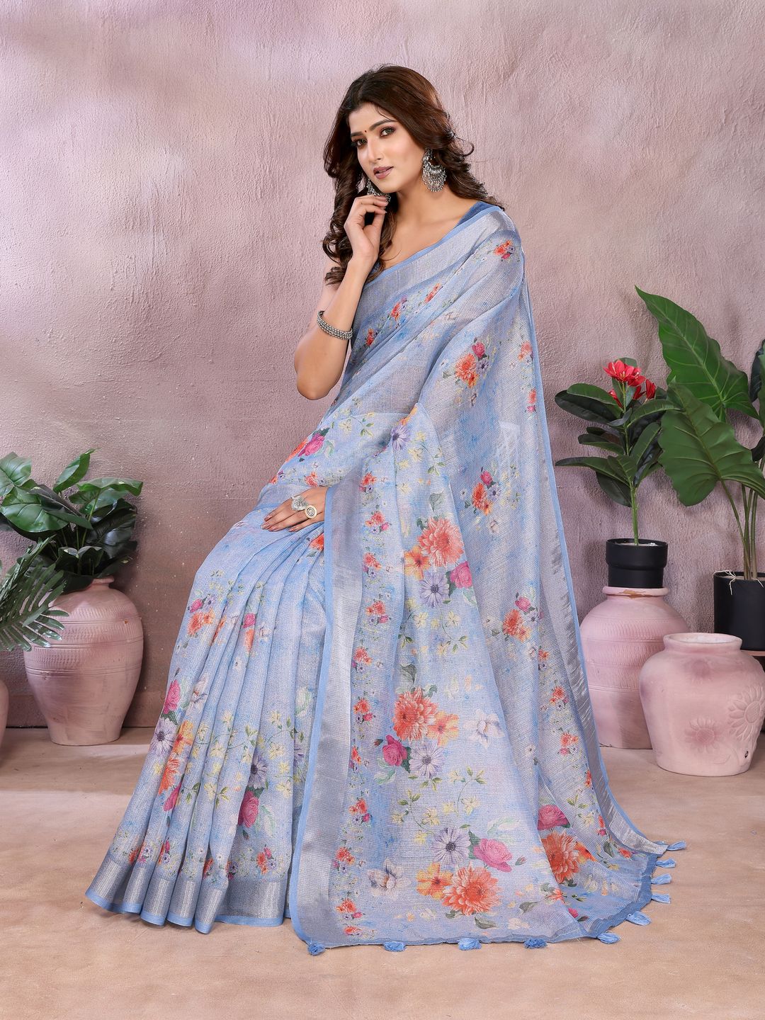 Powder Blue Floral Shimmer Linen Cotton Saree with Tassels