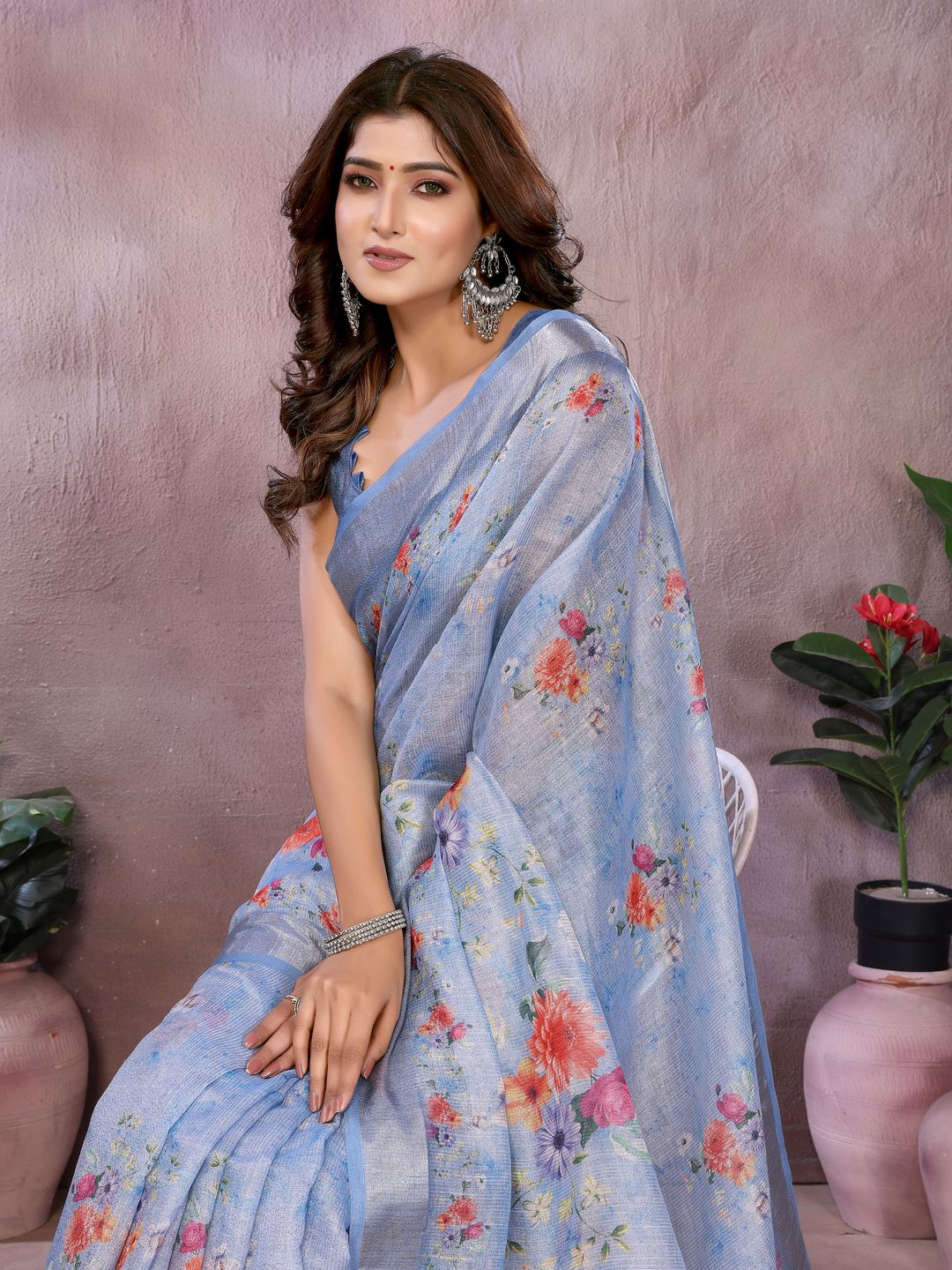 Powder Blue Floral Shimmer Linen Cotton Saree with Tassels