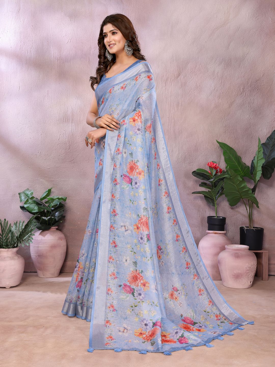 Powder Blue Floral Shimmer Linen Cotton Saree with Tassels