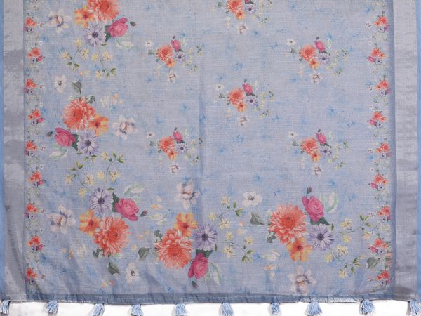 Powder Blue Floral Shimmer Linen Cotton Saree with Tassels