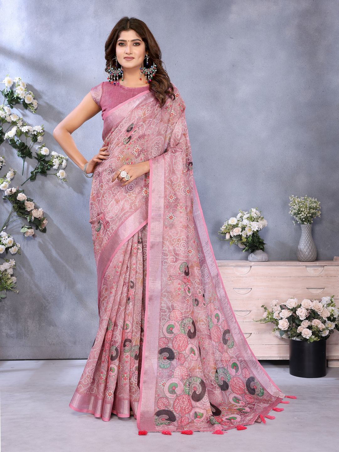 Rose Pink Printed Shimmer Linen Cotton Saree
