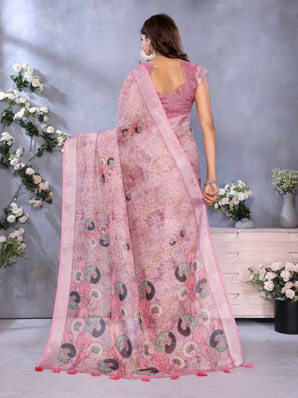 Rose Pink Printed Shimmer Linen Cotton Saree