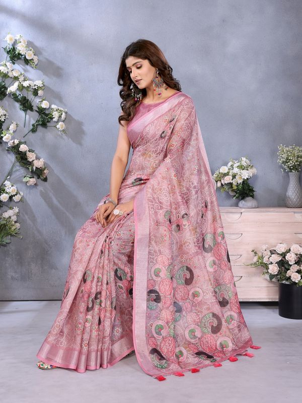 Rose Pink Printed Shimmer Linen Cotton Saree