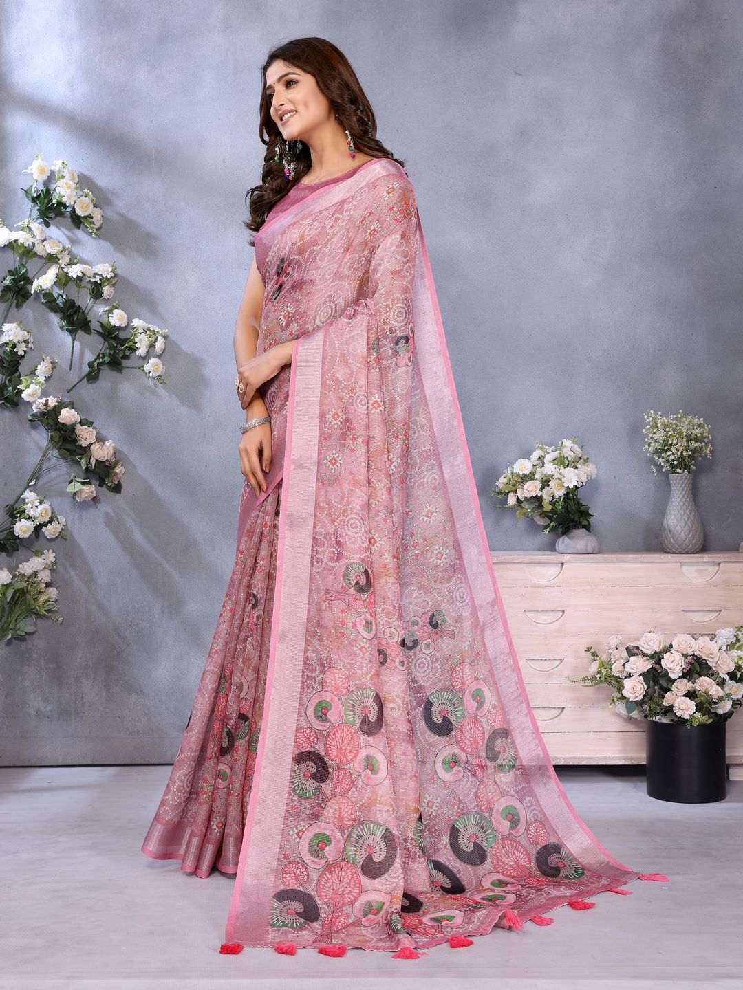 Rose Pink Printed Shimmer Linen Cotton Saree