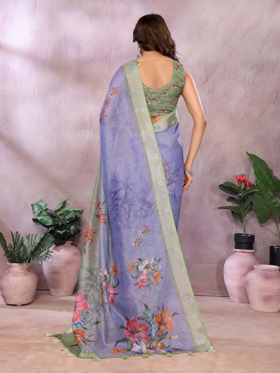 Lavender Floral Printed Shimmer Linen Cotton Saree