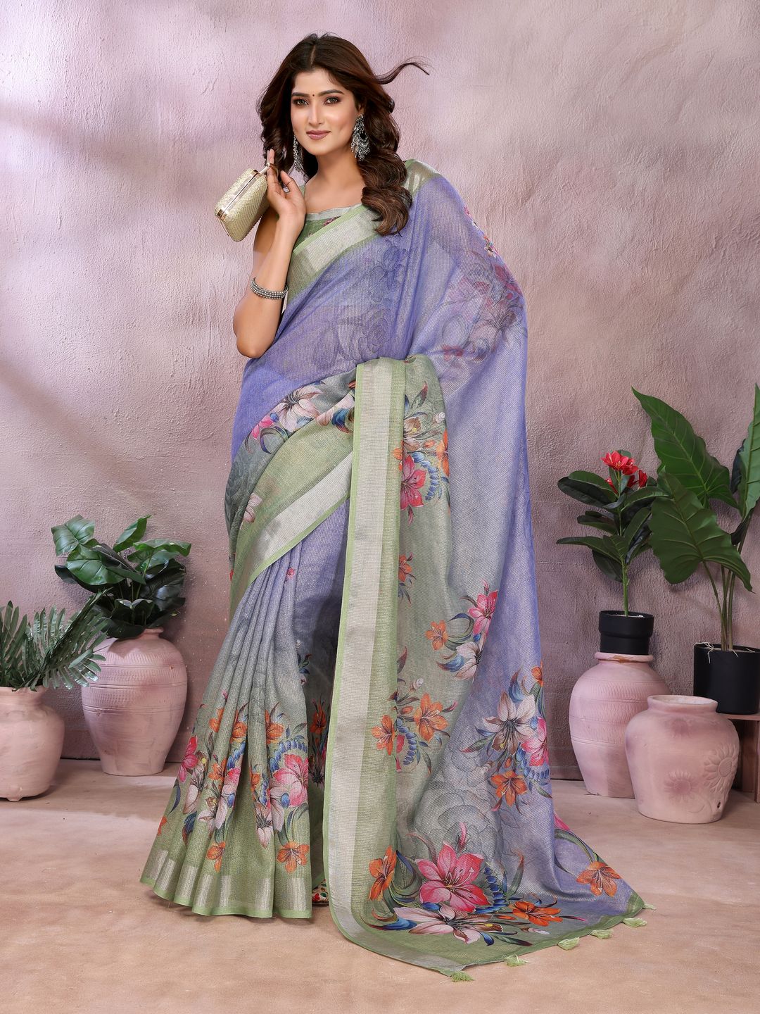 Lavender Floral Printed Shimmer Linen Cotton Saree
