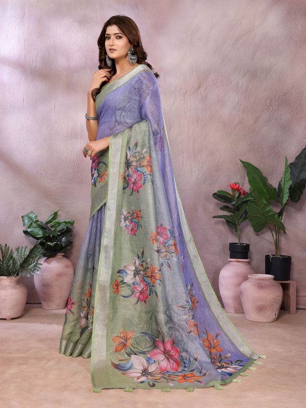 Lavender Floral Printed Shimmer Linen Cotton Saree