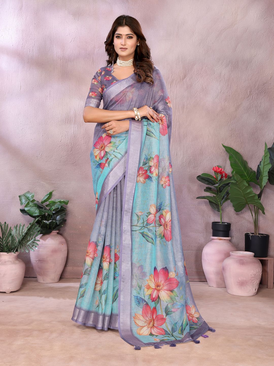 Buy Lavender Floral Shimmer Linen Cotton Saree Collection