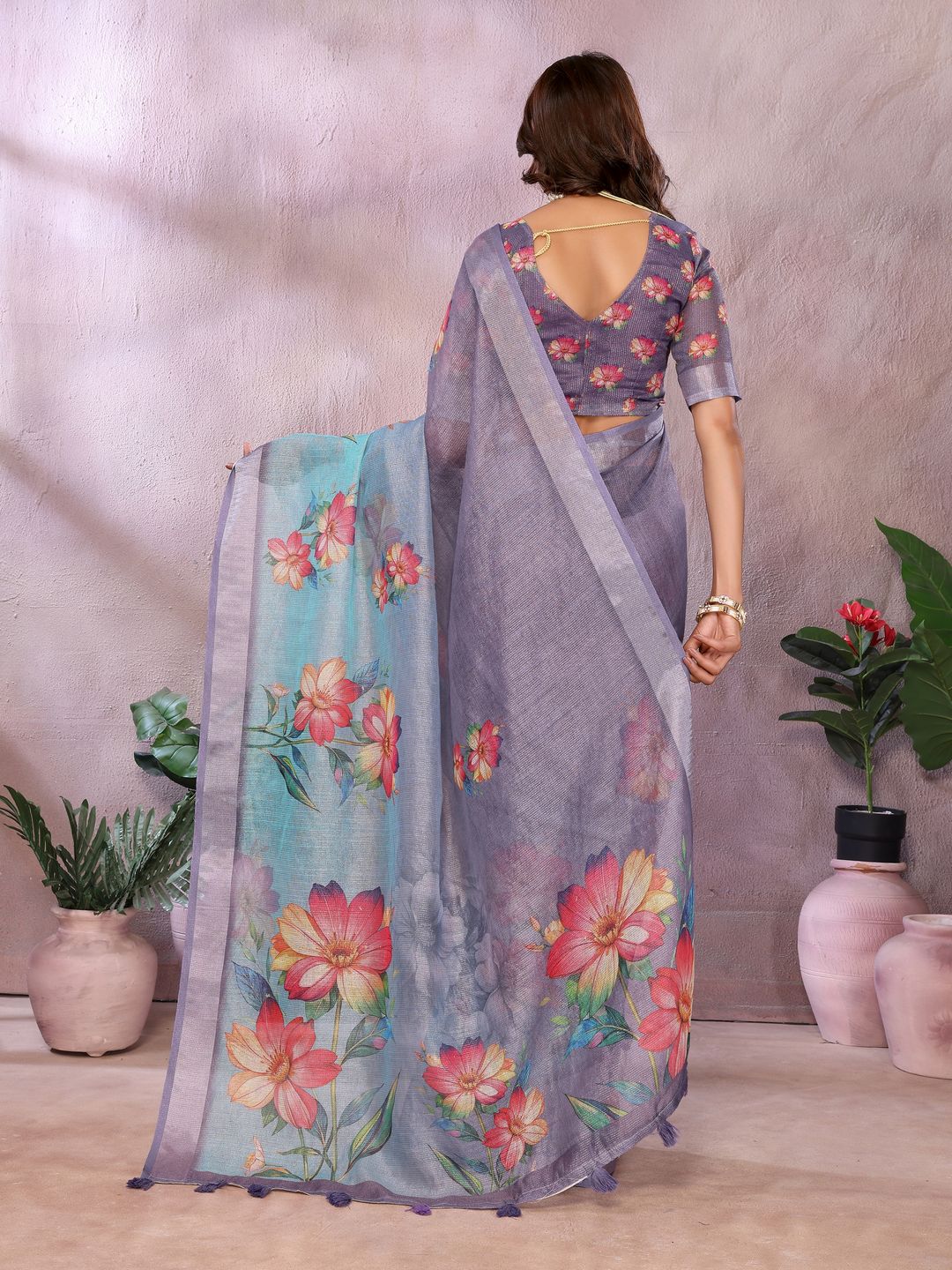 Buy Lavender Floral Shimmer Linen Cotton Saree Collection