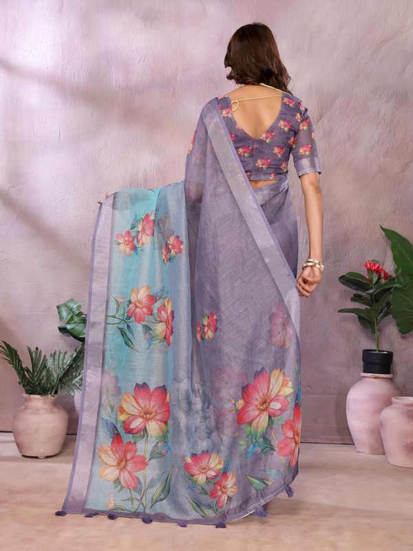 Buy Lavender Floral Shimmer Linen Cotton Saree Collection