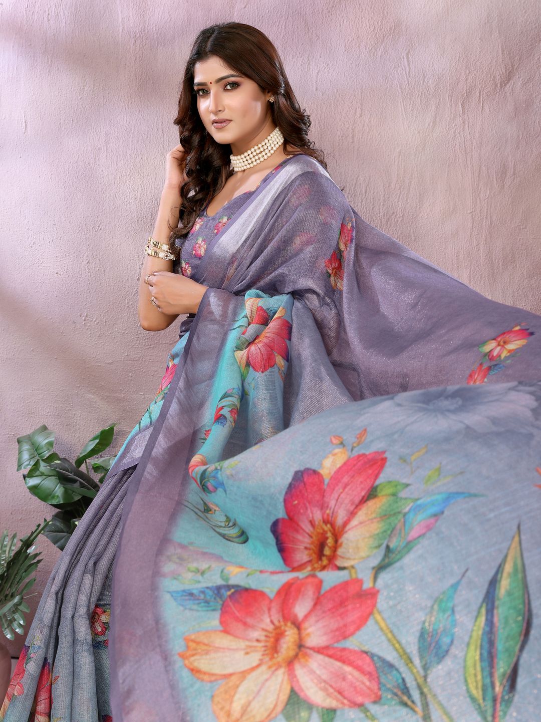 Buy Lavender Floral Shimmer Linen Cotton Saree Collection
