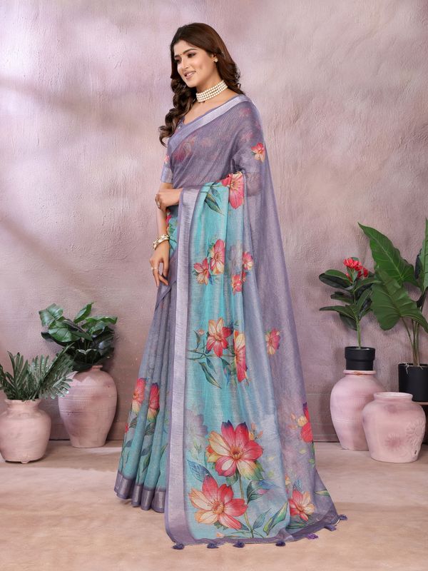Buy Lavender Floral Shimmer Linen Cotton Saree Collection