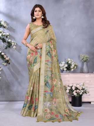 Buy Olive Green Floral Shimmer Linen Cotton Saree for Women
