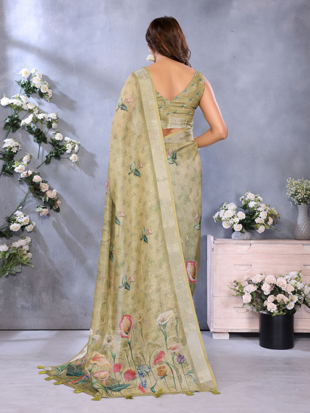 Buy Olive Green Floral Shimmer Linen Cotton Saree for Women