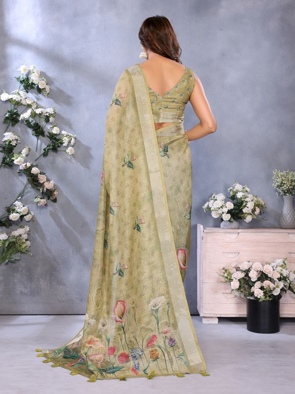 Buy Olive Green Floral Shimmer Linen Cotton Saree for Women