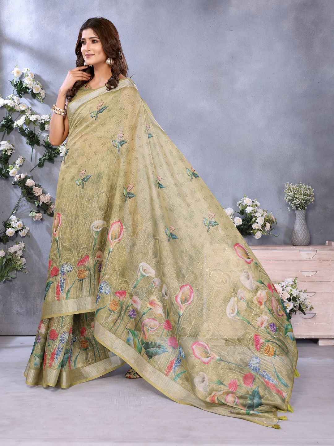 Buy Olive Green Floral Shimmer Linen Cotton Saree for Women