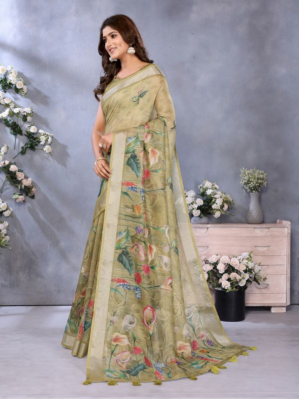 Buy Olive Green Floral Shimmer Linen Cotton Saree for Women